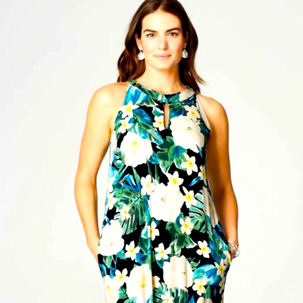 J.Jill NWT Front Keyhole Sleeveless Maxi Dress Sz M-Tropical Flowers Print